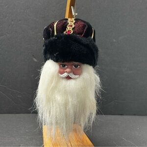 Vtg Santa Claus Head Ornament with Long Beard and Velvet Fur Hat/crown 5”